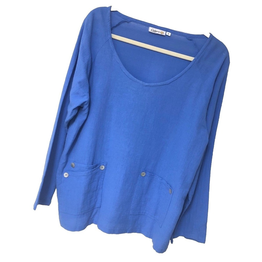 NWT Calypso Womens Periwinkle Gauze Top M‎ L Pockets Beach Coastal  Relaxed